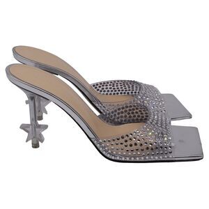 Mach & Mach Star Crystal Embellished PVC Slide Sandals in Silver Patent Leather